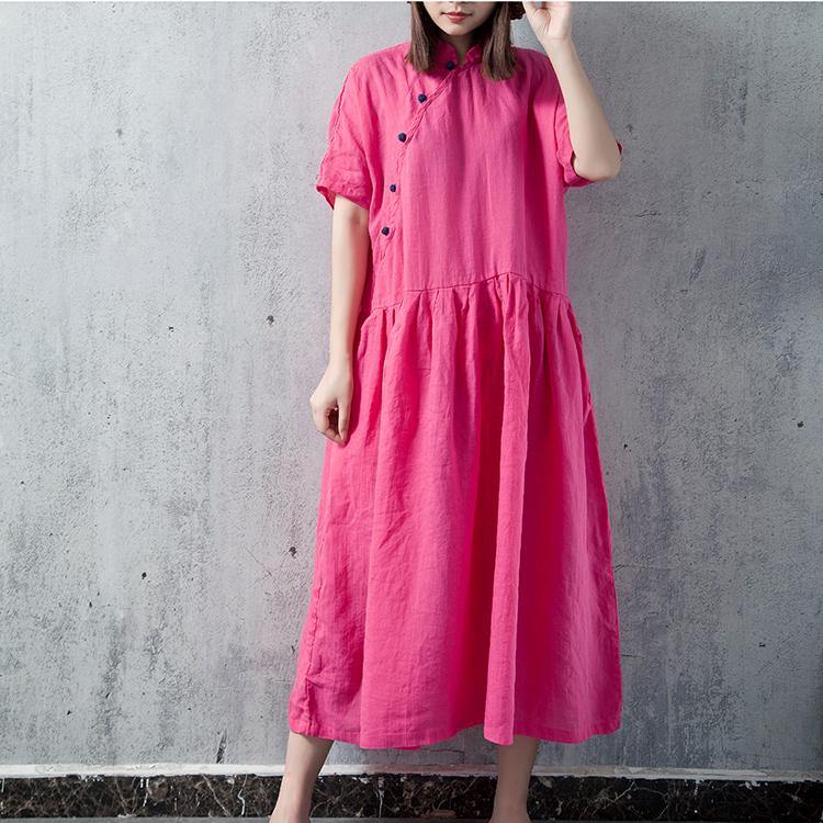 Chic short sleeve linen Long Shirts Inspiration rose Dress summer - Omychic
