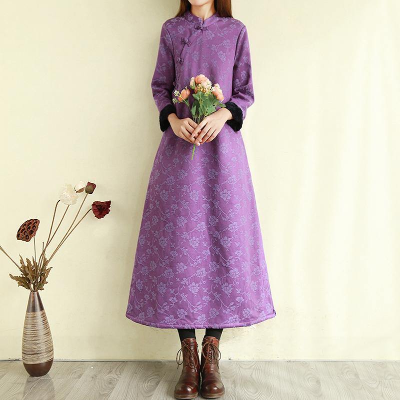 Chic side open linen cotton winter dresses Work purple Dresses - Omychic