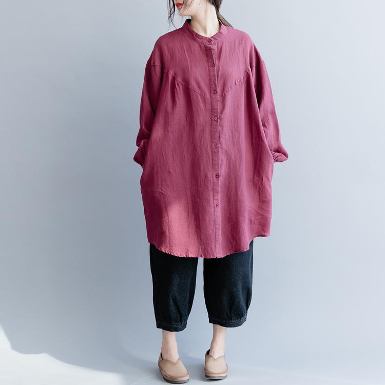 Chic stand collar Button Down cotton linen tops women Casual Neckline red oversized top spring - Omychic