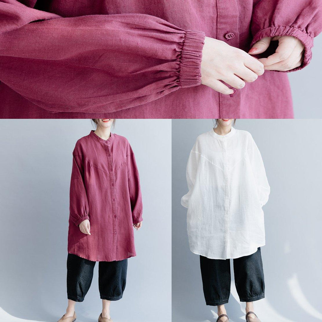 Chic stand collar Button Down cotton linen tops women Casual Neckline red oversized top spring - Omychic