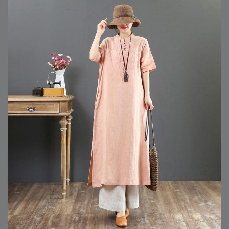 Chic stand collar embroidery linen dress Metropolitan Museum Catwalk pink Kaftan Dress Summer - Omychic
