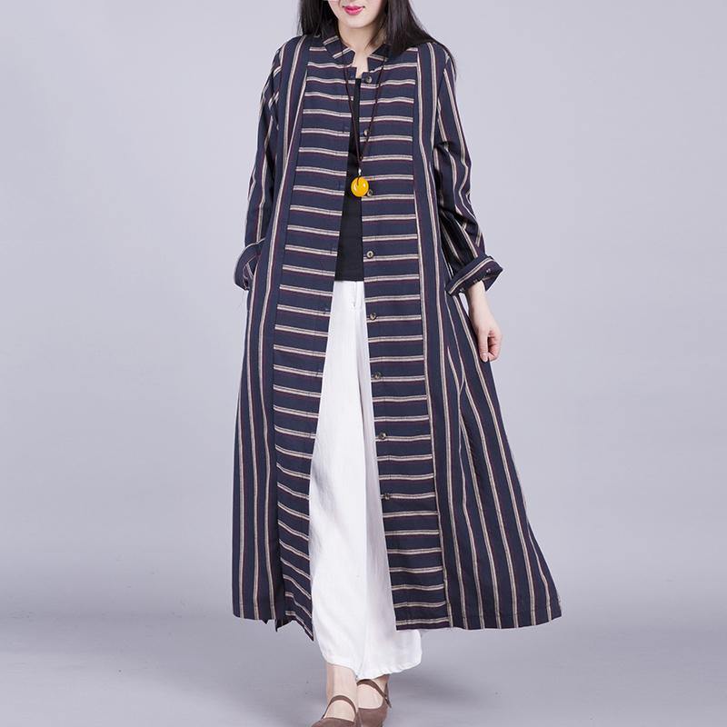 Chic stand collar linen shirt outwear linen black striped coat autumn - Omychic