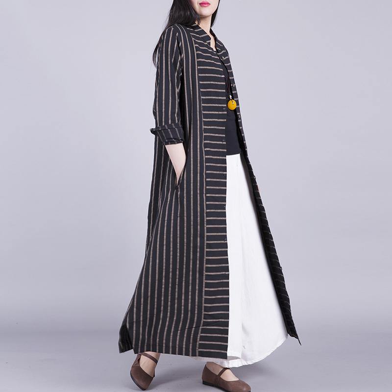 Chic stand collar linen shirt outwear linen black striped coat autumn - Omychic
