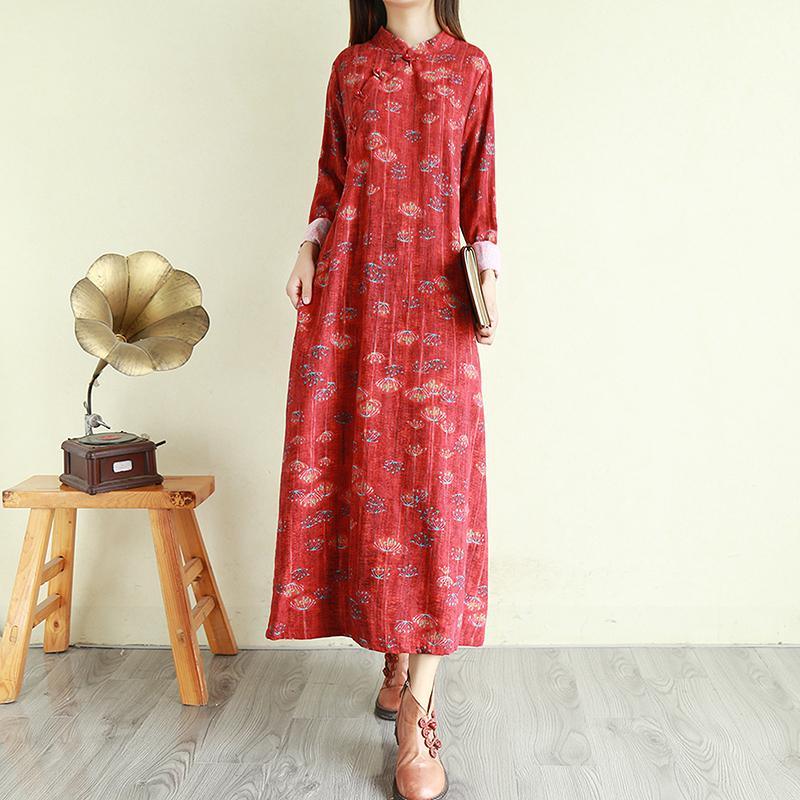 Chic stand collar linen winter Robes Outfits orange red prints Dress - Omychic