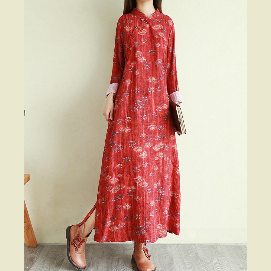 Chic stand collar linen winter Robes Outfits orange red prints Dress - Omychic