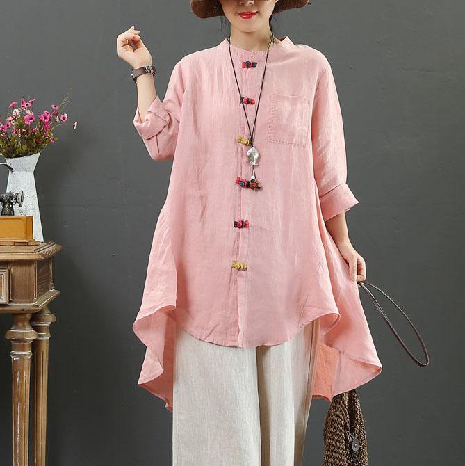 Chic stand collar low high design linen blouses for women Work pink shirt fall - Omychic