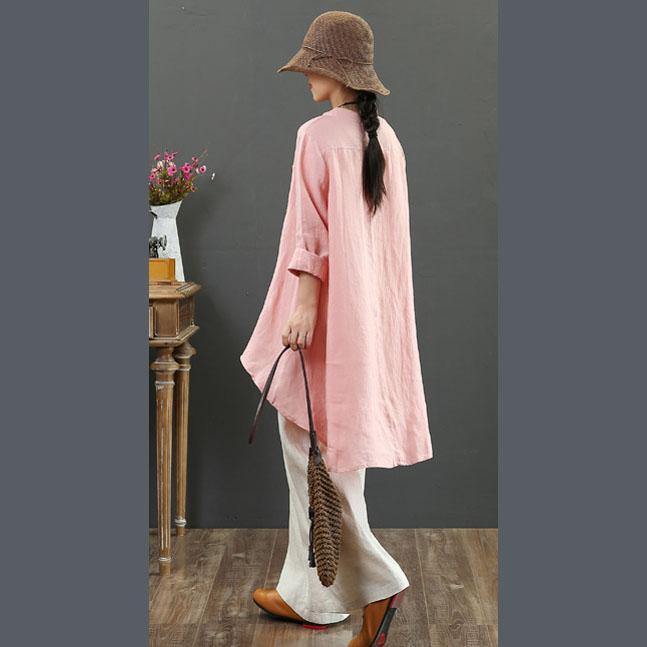Chic stand collar low high design linen blouses for women Work pink shirt fall - Omychic