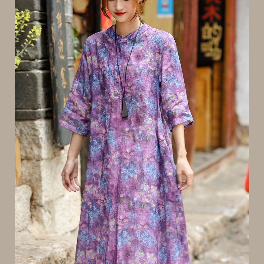 Chic stand collar side open linen dress Fashion Ideas purple print Plus Size Dresses summer - Omychic