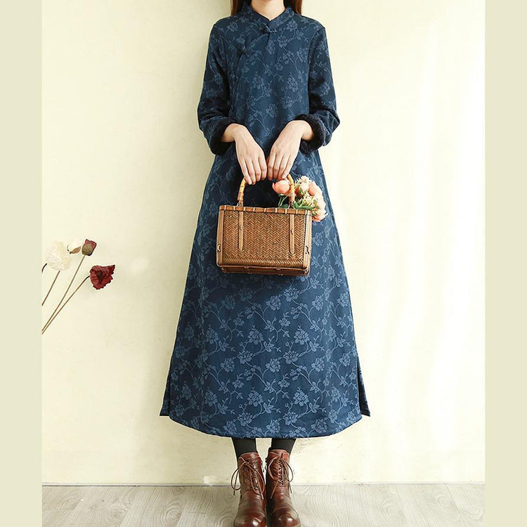 Chic thick linen cotton winter dress Photography navy Dresses - Omychic