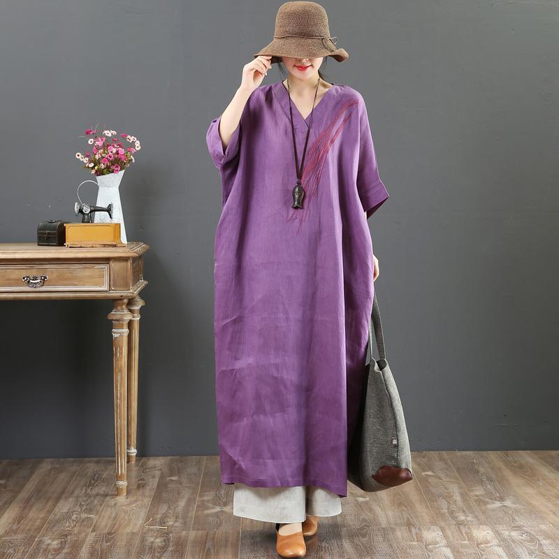 Chic v neck batwing sleeve linen Wardrobes Indian Neckline purple loose Dress Summer - Omychic