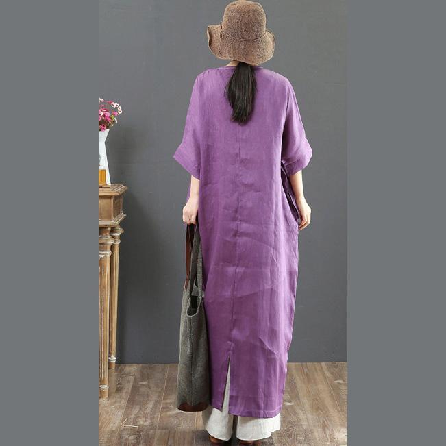 Chic v neck batwing sleeve linen Wardrobes Indian Neckline purple loose Dress Summer - Omychic