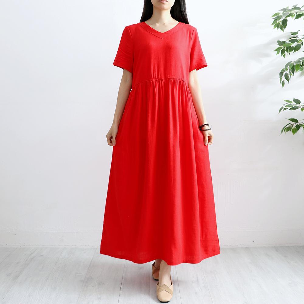 Chic v neck cotton linen Robes Shirts red big hem Dresses summer - Omychic