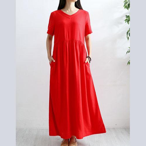Chic v neck cotton linen Robes Shirts red big hem Dresses summer - Omychic