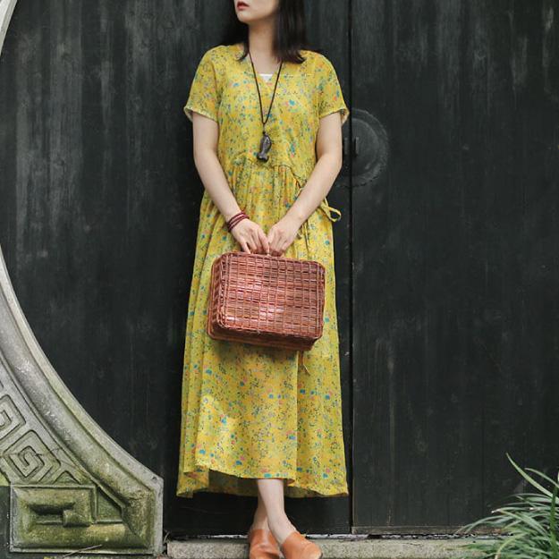 Chic v neck drawstring linen dresses Casual Work yellow print Robe Dress Summer - Omychic
