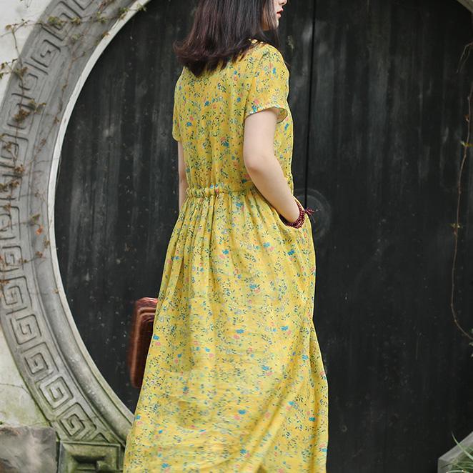 Chic v neck drawstring linen dresses Casual Work yellow print Robe Dress Summer - Omychic
