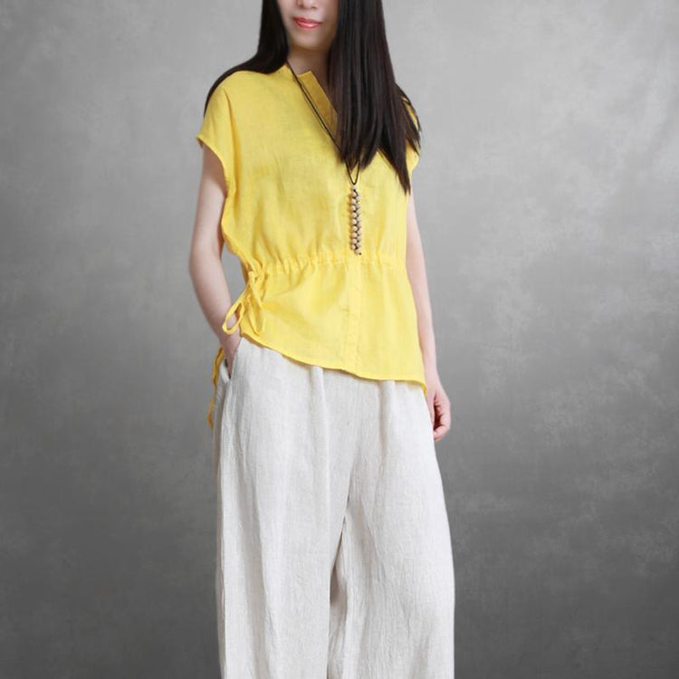 Chic v neck drawstring linen shirts women Work yellow summer tops - Omychic