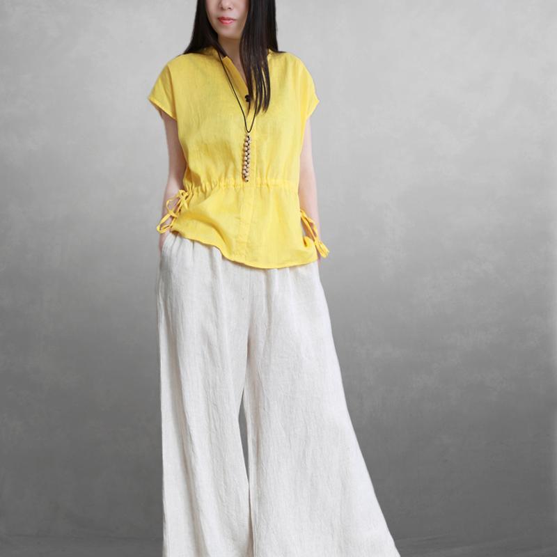 Chic v neck drawstring linen shirts women Work yellow summer tops - Omychic