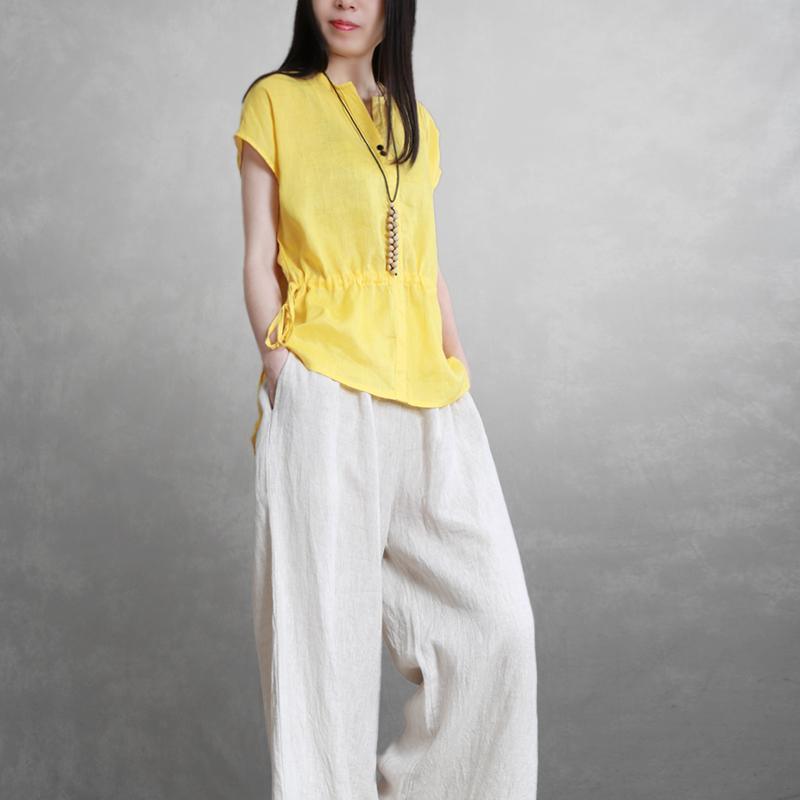 Chic v neck drawstring linen shirts women Work yellow summer tops - Omychic