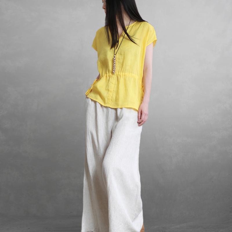 Chic v neck drawstring linen shirts women Work yellow summer tops - Omychic