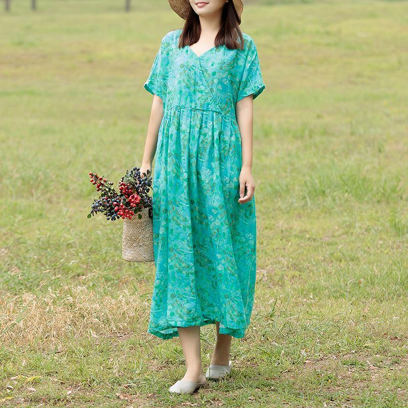 Chic v neck linen outfit pattern green Dresses summer - Omychic