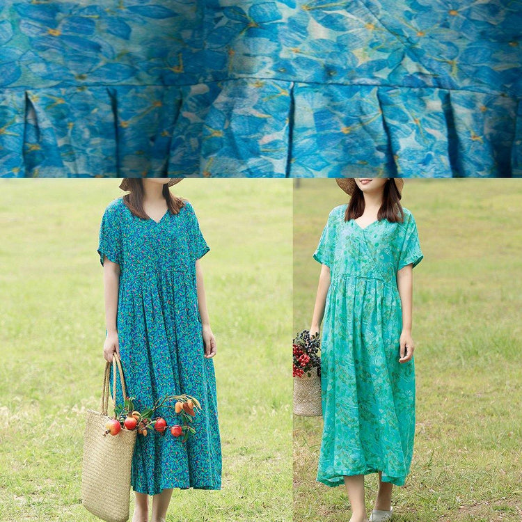 Chic v neck linen outfit pattern green Dresses summer - Omychic