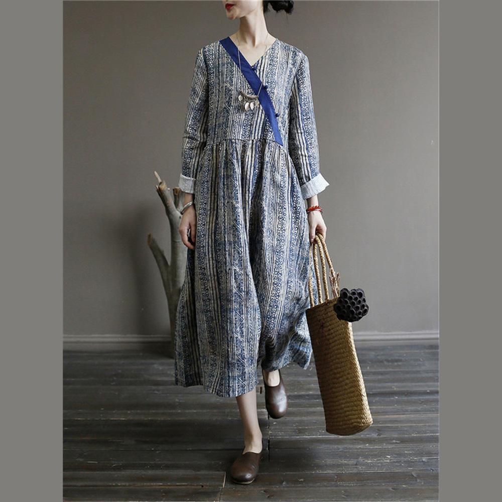 Chic v neck linen spring dresses Wardrobes blue prints Dresses - Omychic
