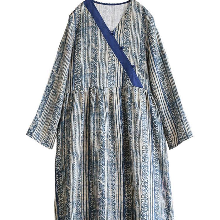 Chic v neck linen spring dresses Wardrobes blue prints Dresses - Omychic