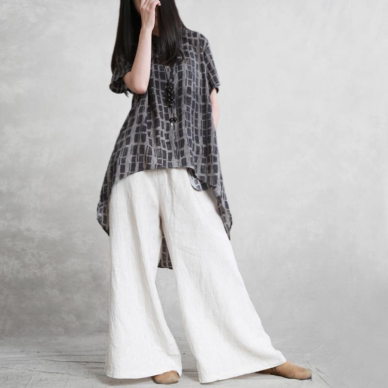 Chic v neck low high design linen top Fabrics gray print blouse summer - Omychic