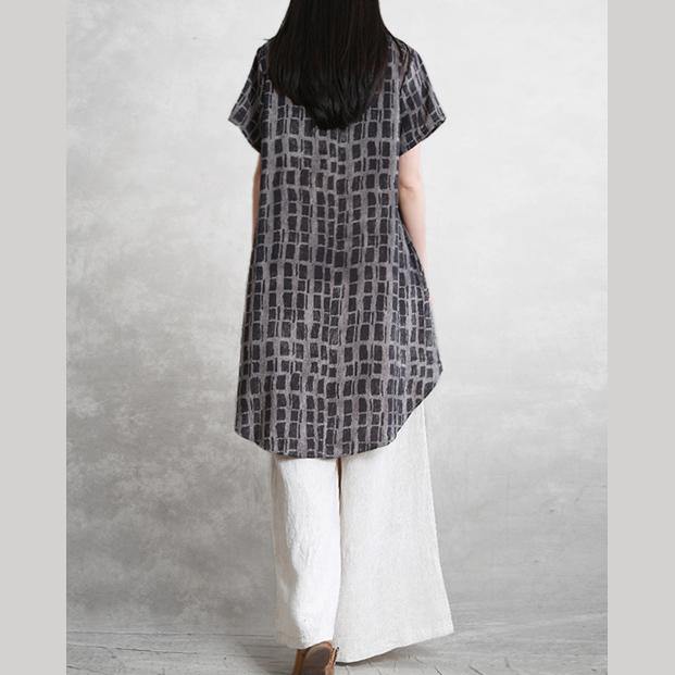 Chic v neck low high design linen top Fabrics gray print blouse summer - Omychic