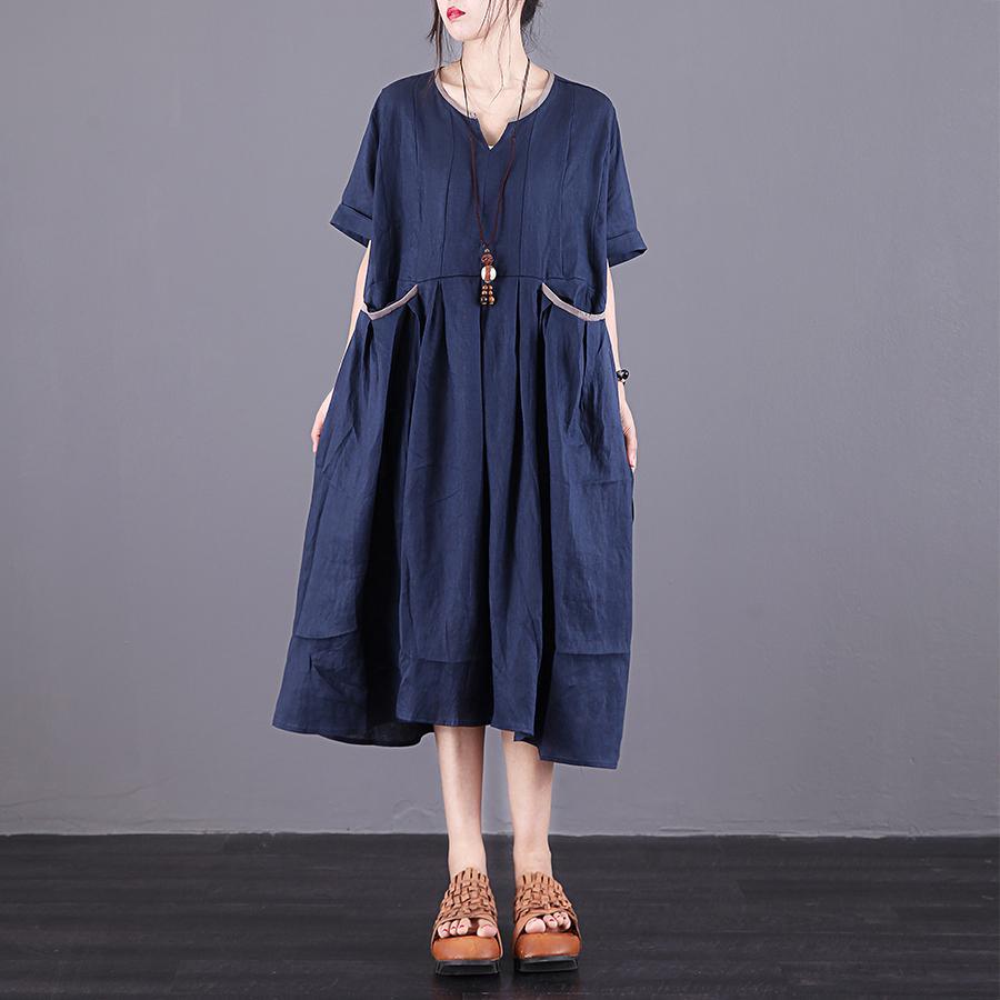 Chic v neck pockets linen clothes Fashion Ideas navy Dress summer - Omychic