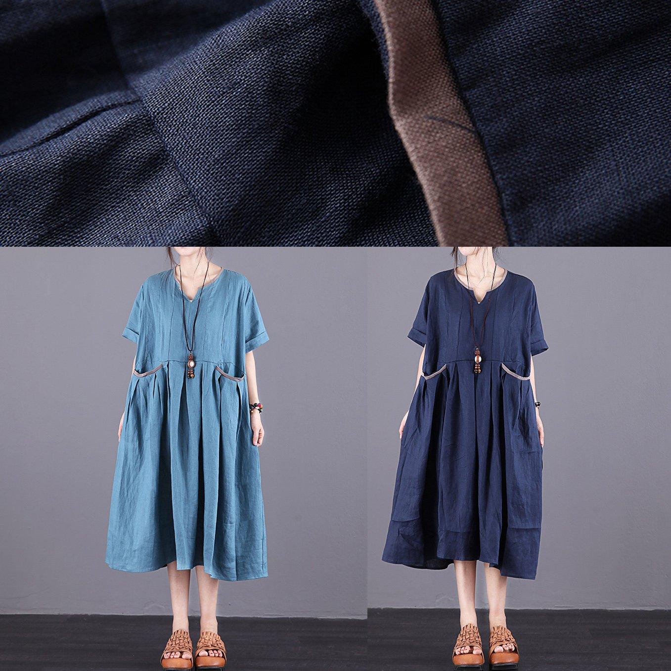 Chic v neck pockets linen clothes Fashion Ideas navy Dress summer - Omychic