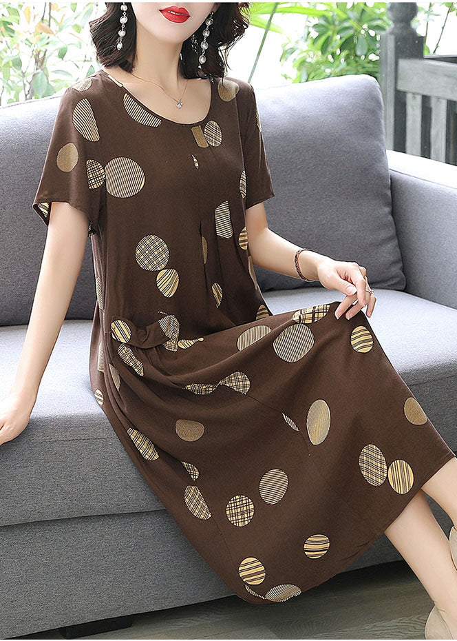 Chic Coffee Dot Cotton Linen Summer Maxi Dresses