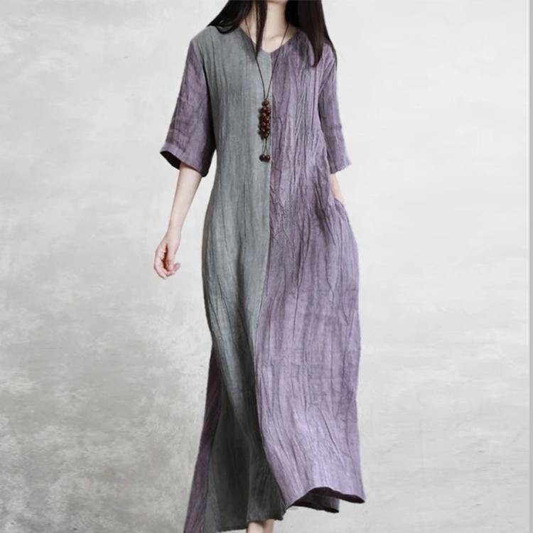 Chic V Neck Patchwork Linen Robes Work Purple Gray Dress Summer ( Limited Stock) - Omychic