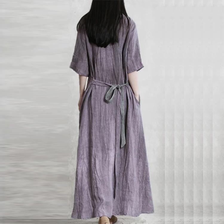 Chic V Neck Patchwork Linen Robes Work Purple Gray Dress Summer ( Limited Stock) - Omychic