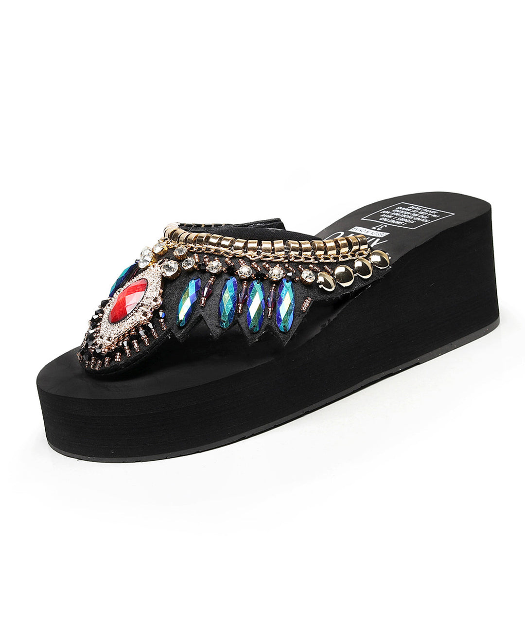Chid Black Diamond Tassel Platform Wedge Thong Sandals