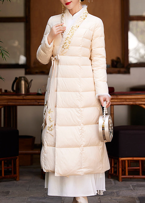 Chinese Style Apricot Embroideried Lace Up Patchwork Duck Down Coat Winter