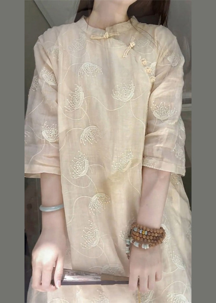 Chinese Style Apricot Embroideried Patchwork Linen Dresses Summer