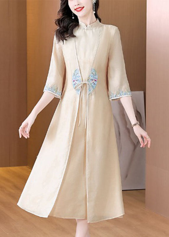 Chinese Style Apricot Stand Collar Embroideried Patchwork Tie Waist Silk Maxi Dress Long Sleeve