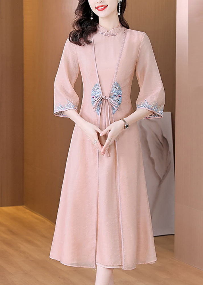 Chinese Style Apricot Stand Collar Embroideried Patchwork Tie Waist Silk Maxi Dress Long Sleeve