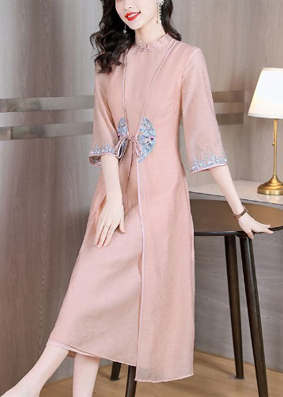 Chinese Style Apricot Stand Collar Embroideried Patchwork Tie Waist Silk Maxi Dress Long Sleeve