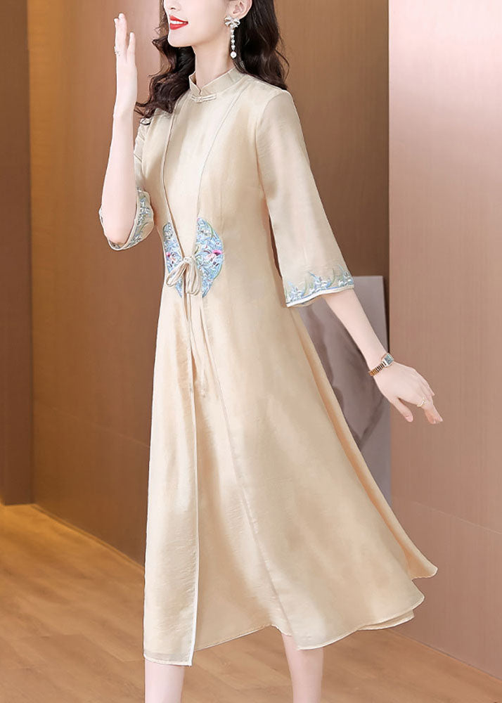 Chinese Style Apricot Stand Collar Embroideried Patchwork Tie Waist Silk Maxi Dress Long Sleeve