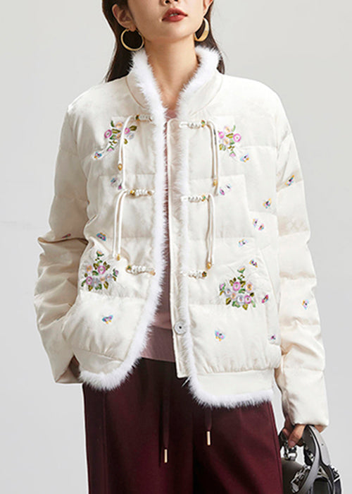 Chinese Style Beige Embroideried Button Duck Down Parka Long Sleeve