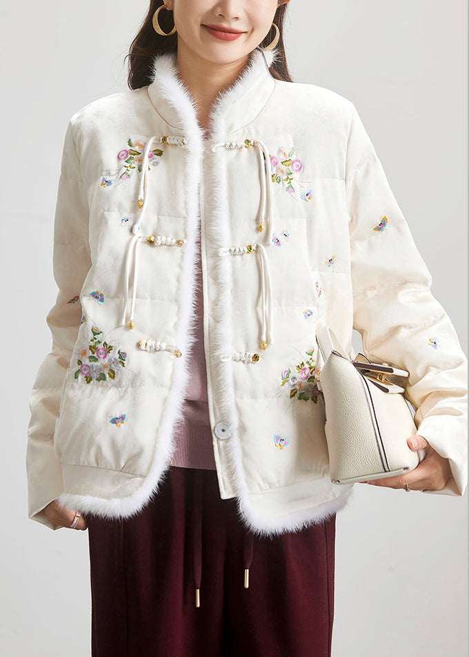 Chinese Style Beige Embroideried Button Duck Down Parka Long Sleeve