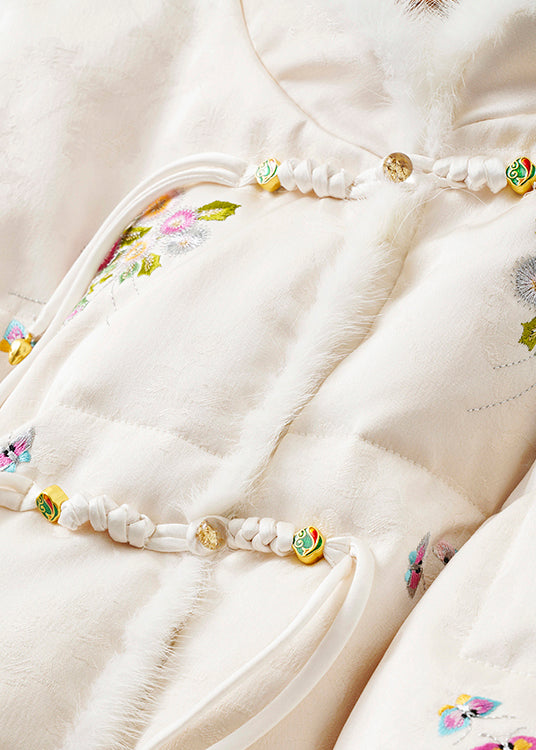Chinese Style Beige Embroideried Button Duck Down Parka Long Sleeve