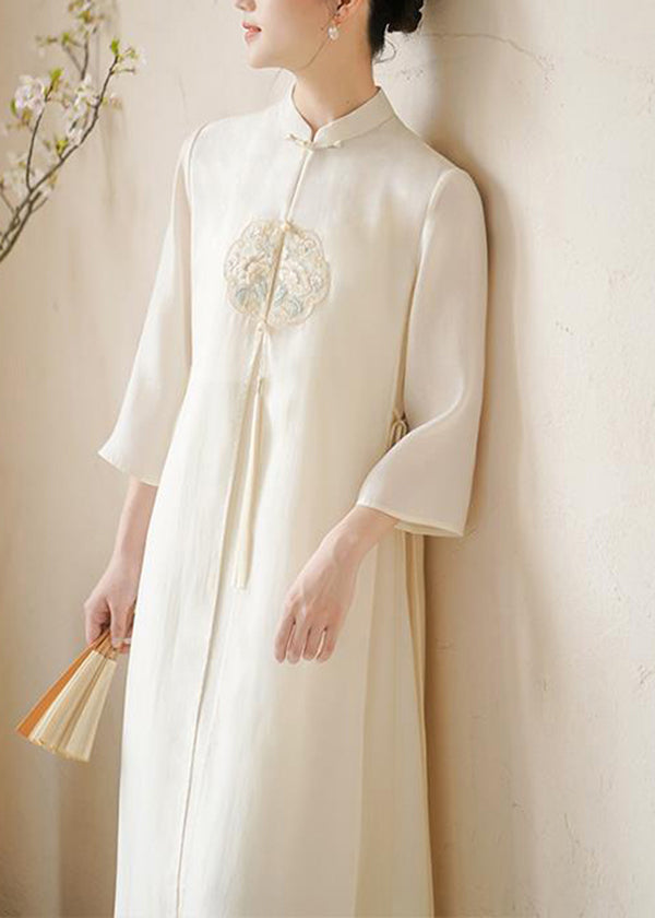 Chinese Style Beige Embroidered Lace Up Patchwork Silk Dresses Fall