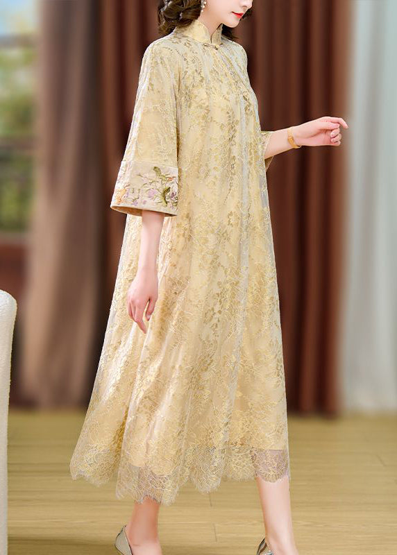 Chinese Style Beige Mandarin Collar Chinese Button Lace Dresses Summer