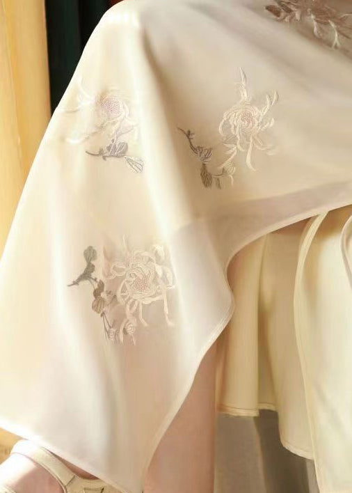 Chinese Style Beige Stand Collar Embroideried Patchwork Silk Dress Fall
