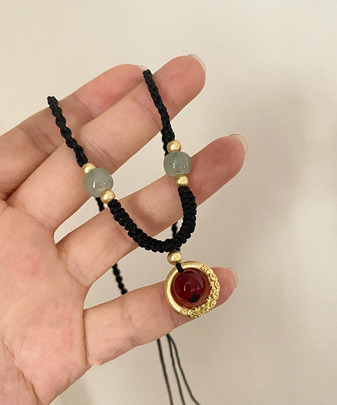 Chinese Style Black Alloy Hand Knitting Agate Gem Stone Pendant Necklace