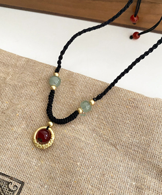 Chinese Style Black Alloy Hand Knitting Agate Gem Stone Pendant Necklace