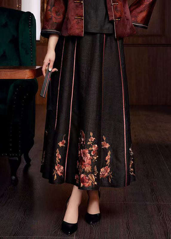 Chinese Style Black Embroideried Pockets Patchwork Silk Skirts Fall